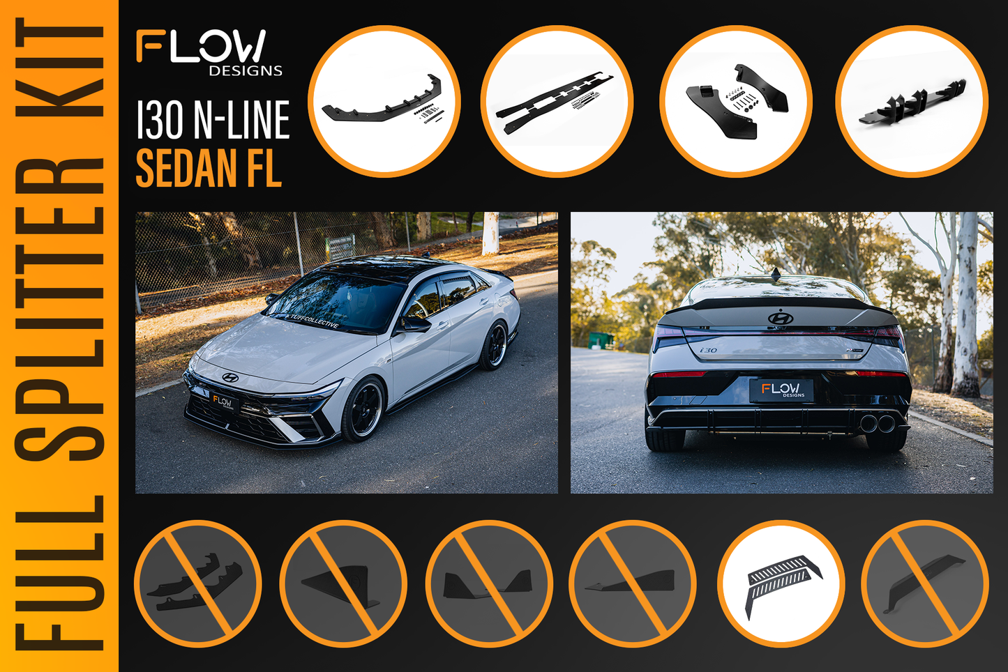 Flow Designs Hyundai CN7 V2 i30 N-Line Sedan FL 2025+ - Full Lip Splitter Set