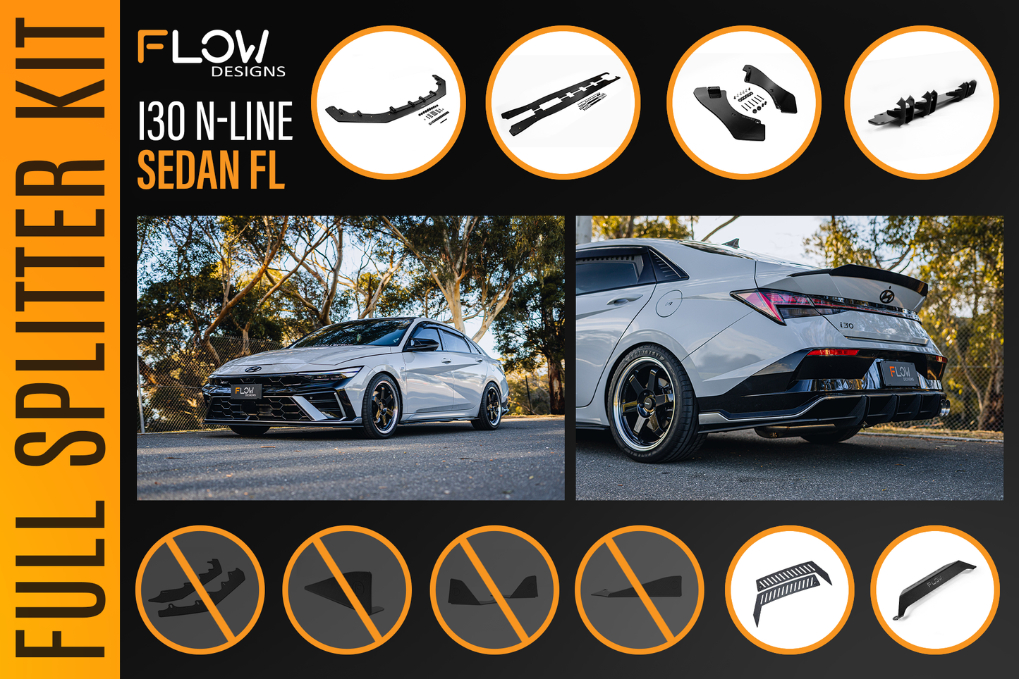 Flow Designs Hyundai CN7 V2 i30 N-Line Sedan FL 2025+ - Full Lip Splitter Set