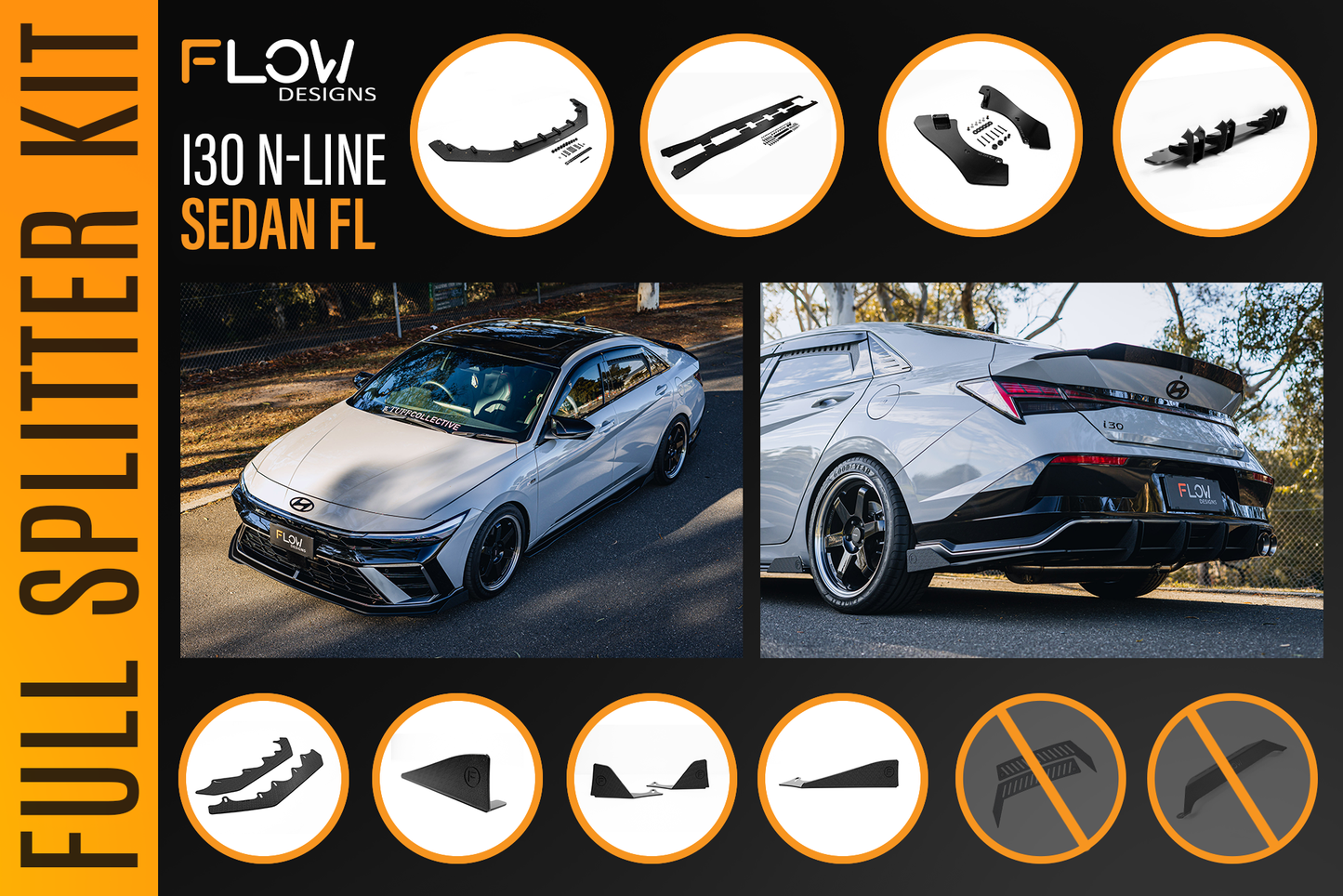 Flow Designs Hyundai CN7 V2 i30 N-Line Sedan FL 2025+ - Full Lip Splitter Set