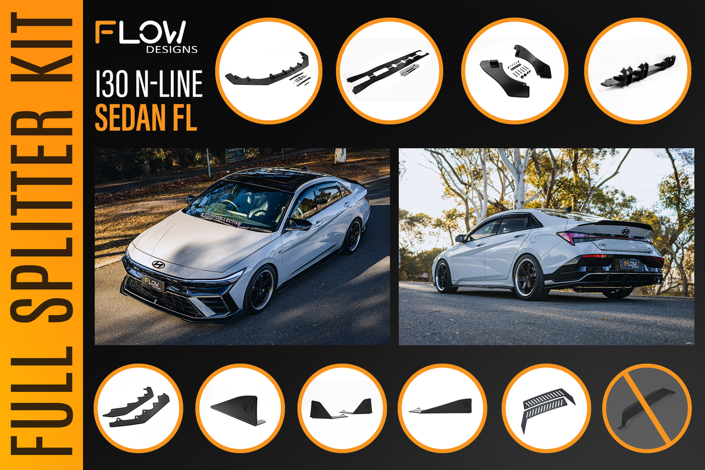 Flow Designs Hyundai CN7 V2 i30 N-Line Sedan FL 2025+ - Full Lip Splitter Set