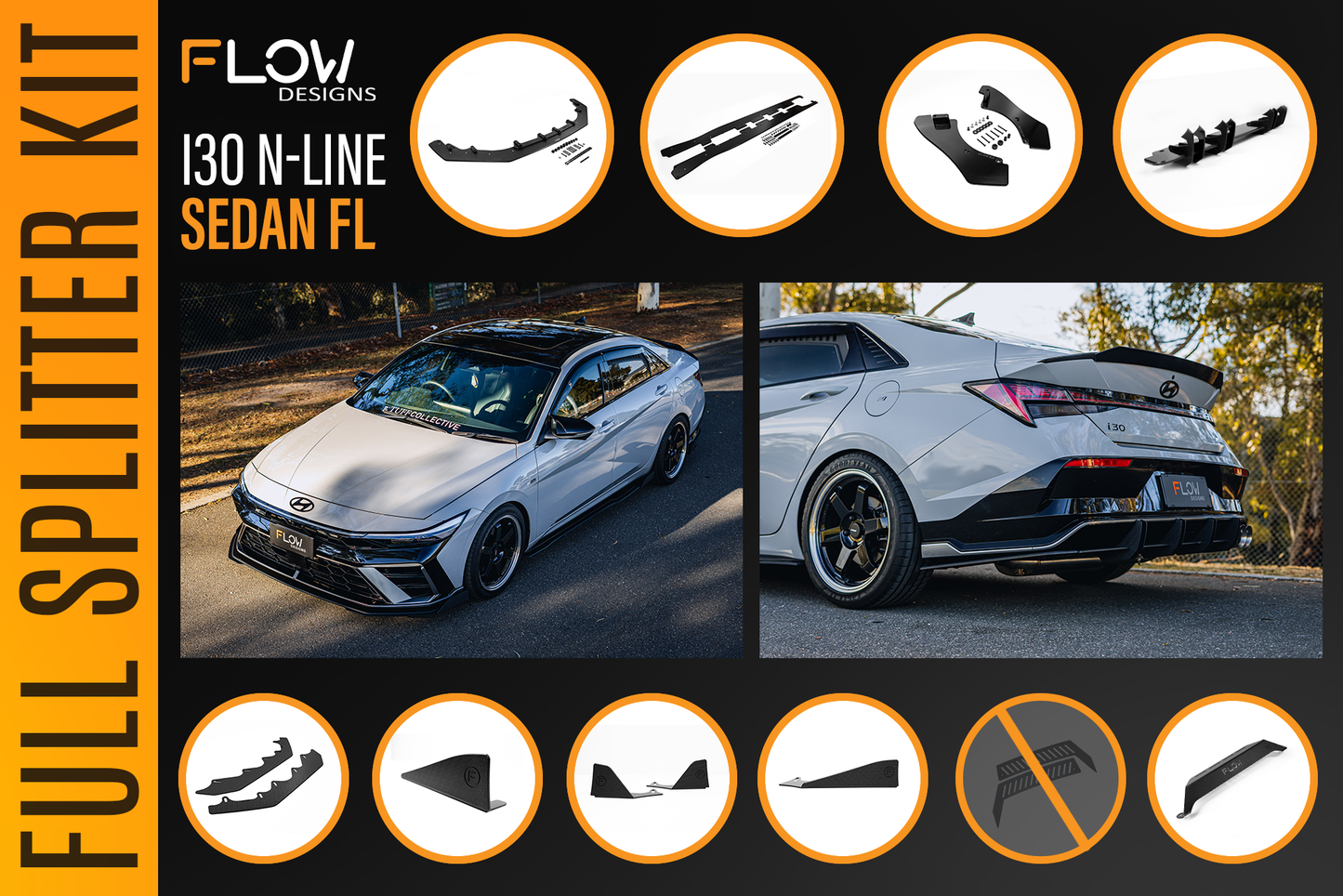 Flow Designs Hyundai CN7 V2 i30 N-Line Sedan FL 2025+ - Full Lip Splitter Set