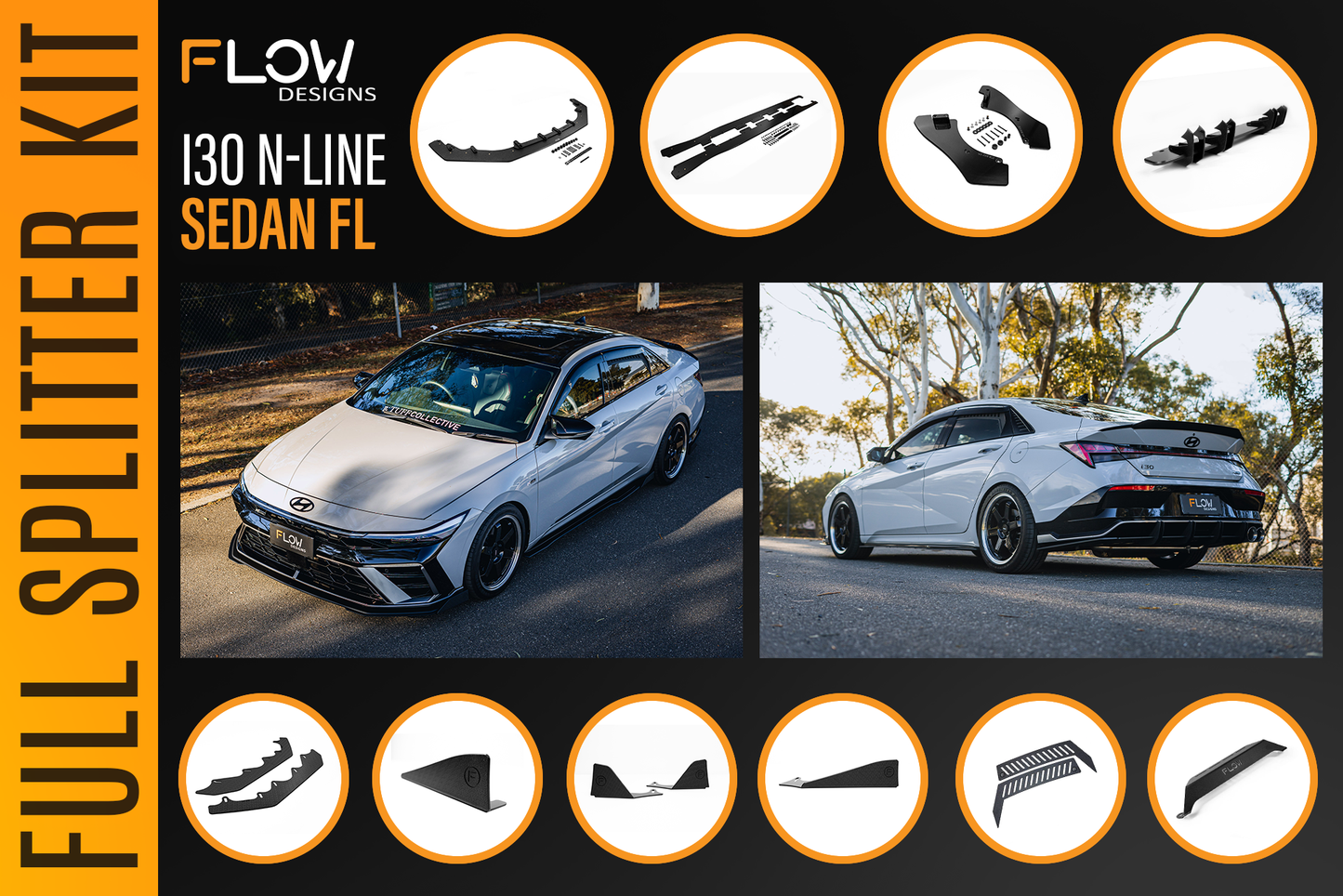 Flow Designs Hyundai CN7 V2 i30 N-Line Sedan FL 2025+ - Full Lip Splitter Set