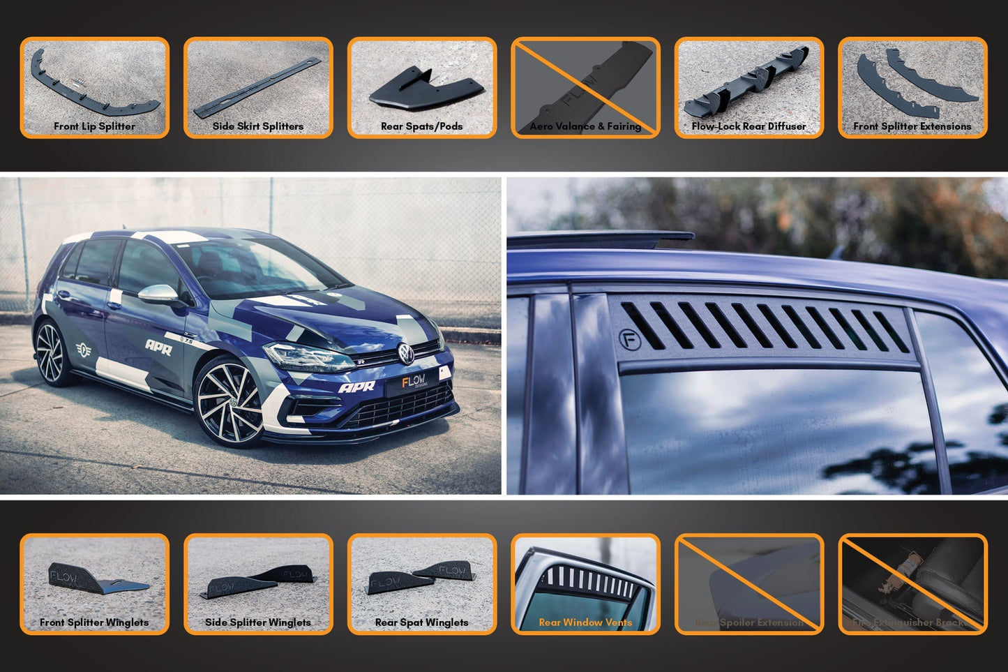 Flow Designs MK7.5 Golf R Full Lip Splitter Set with Flow-Lock Rear Diffuser