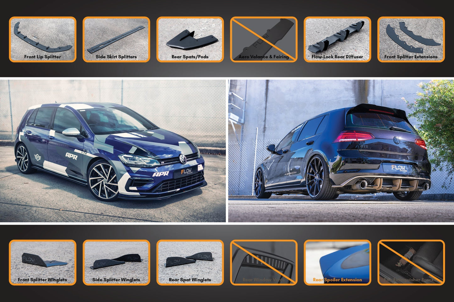 Flow Designs MK7.5 Golf R Full Lip Splitter Set with Flow-Lock Rear Diffuser