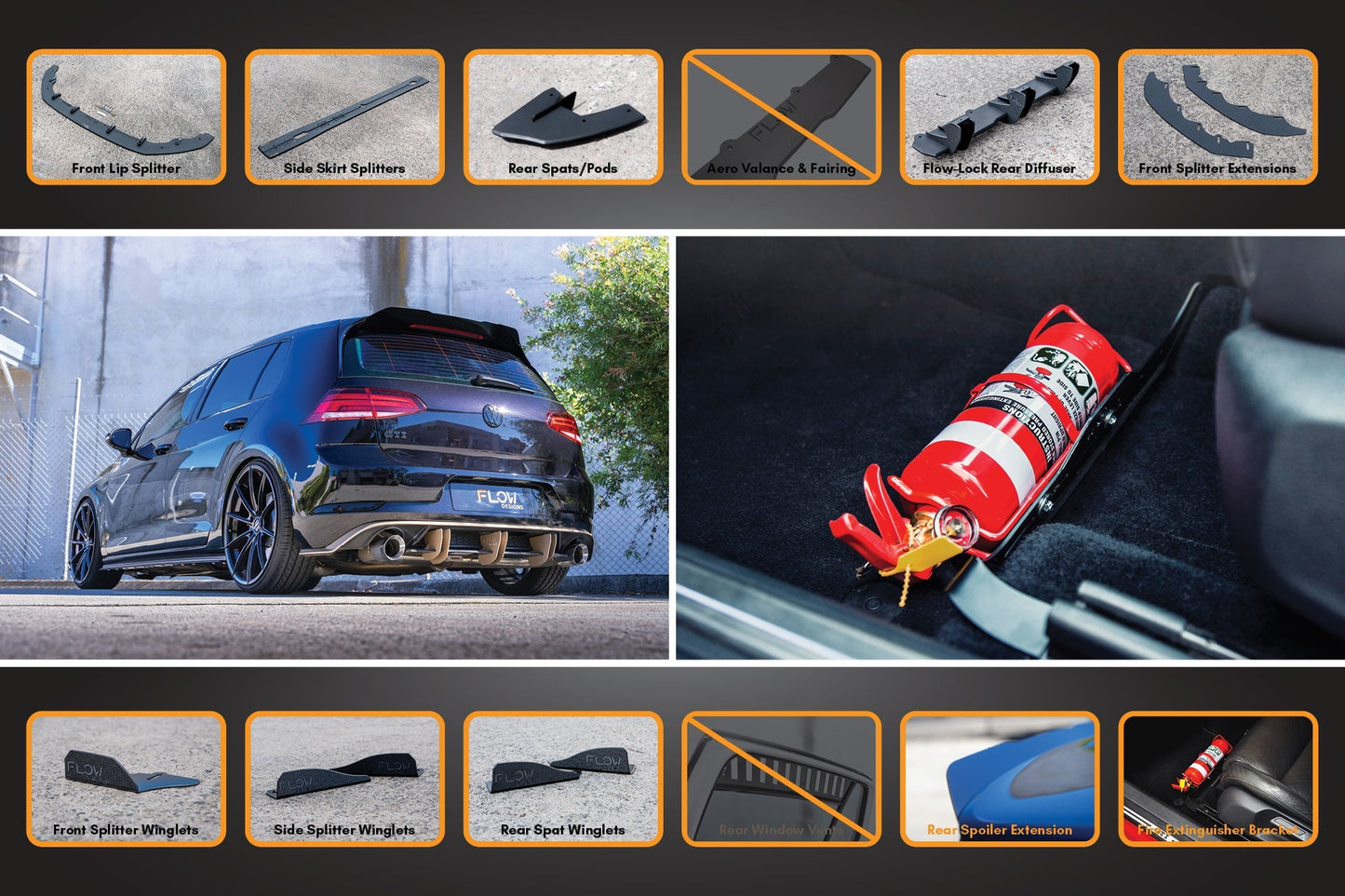 Flow Designs MK7.5 Golf R Full Lip Splitter Set with Flow-Lock Rear Diffuser