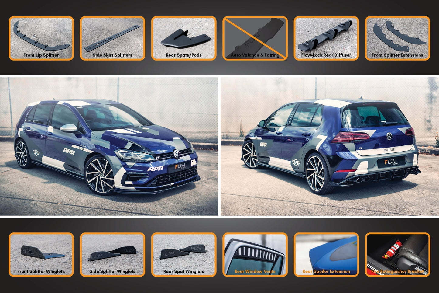 Flow Designs MK7.5 Golf R Full Lip Splitter Set with Flow-Lock Rear Diffuser