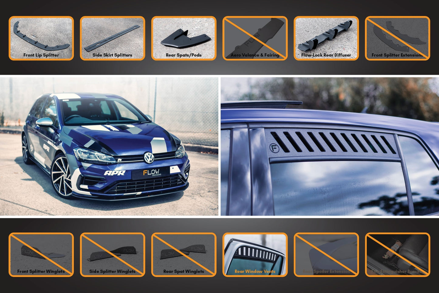 Flow Designs MK7.5 Golf R Full Lip Splitter Set with Flow-Lock Rear Diffuser