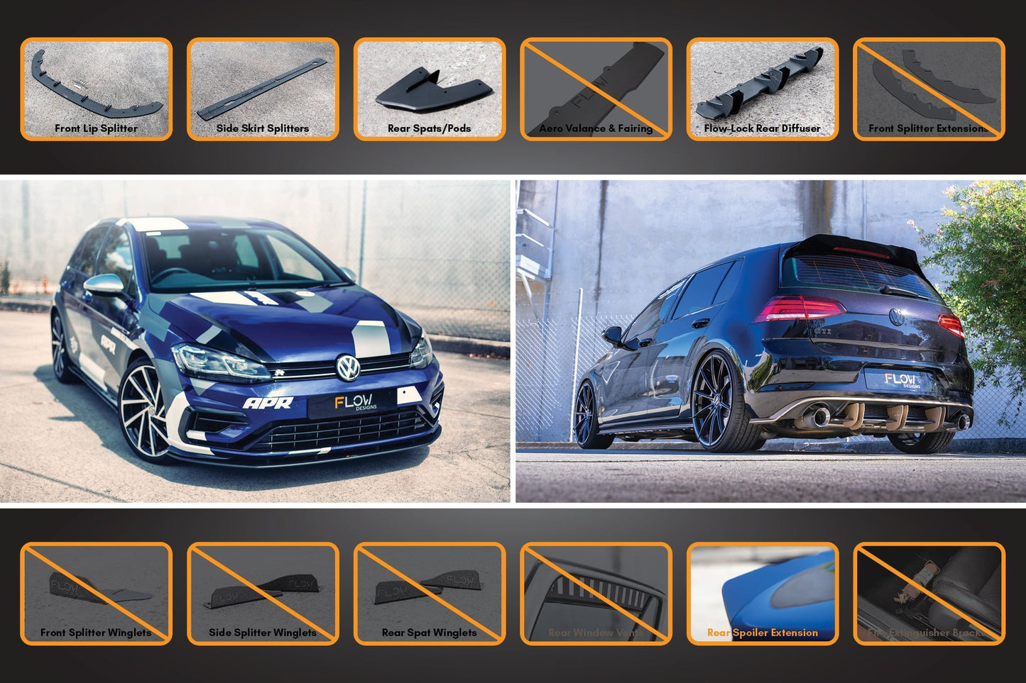 Flow Designs MK7.5 Golf R Full Lip Splitter Set with Flow-Lock Rear Diffuser