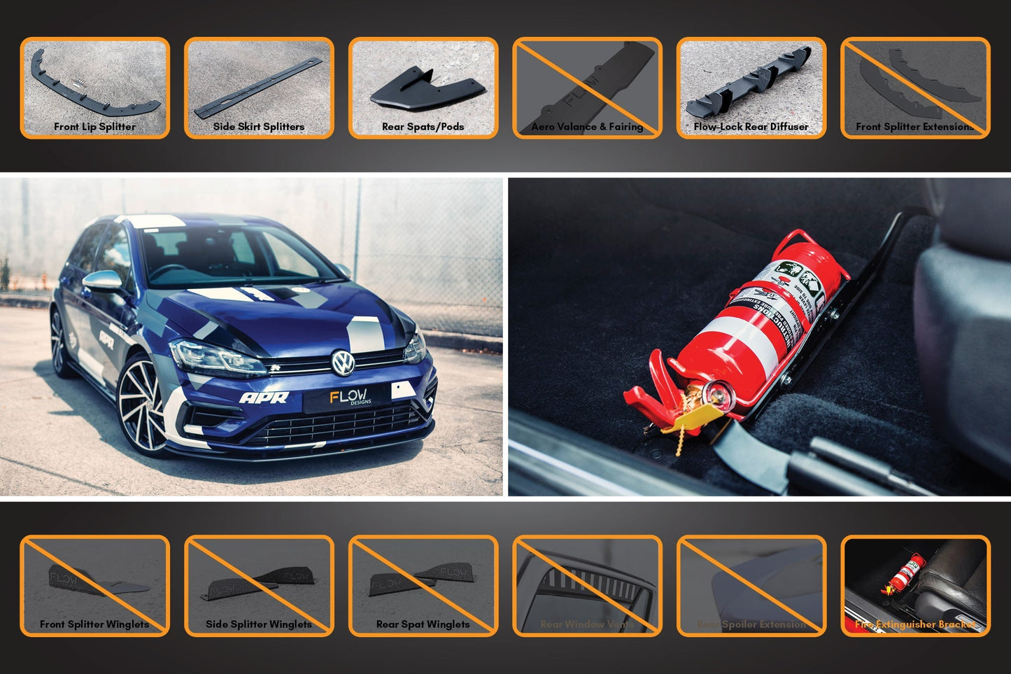 Flow Designs MK7.5 Golf R Full Lip Splitter Set with Flow-Lock Rear Diffuser