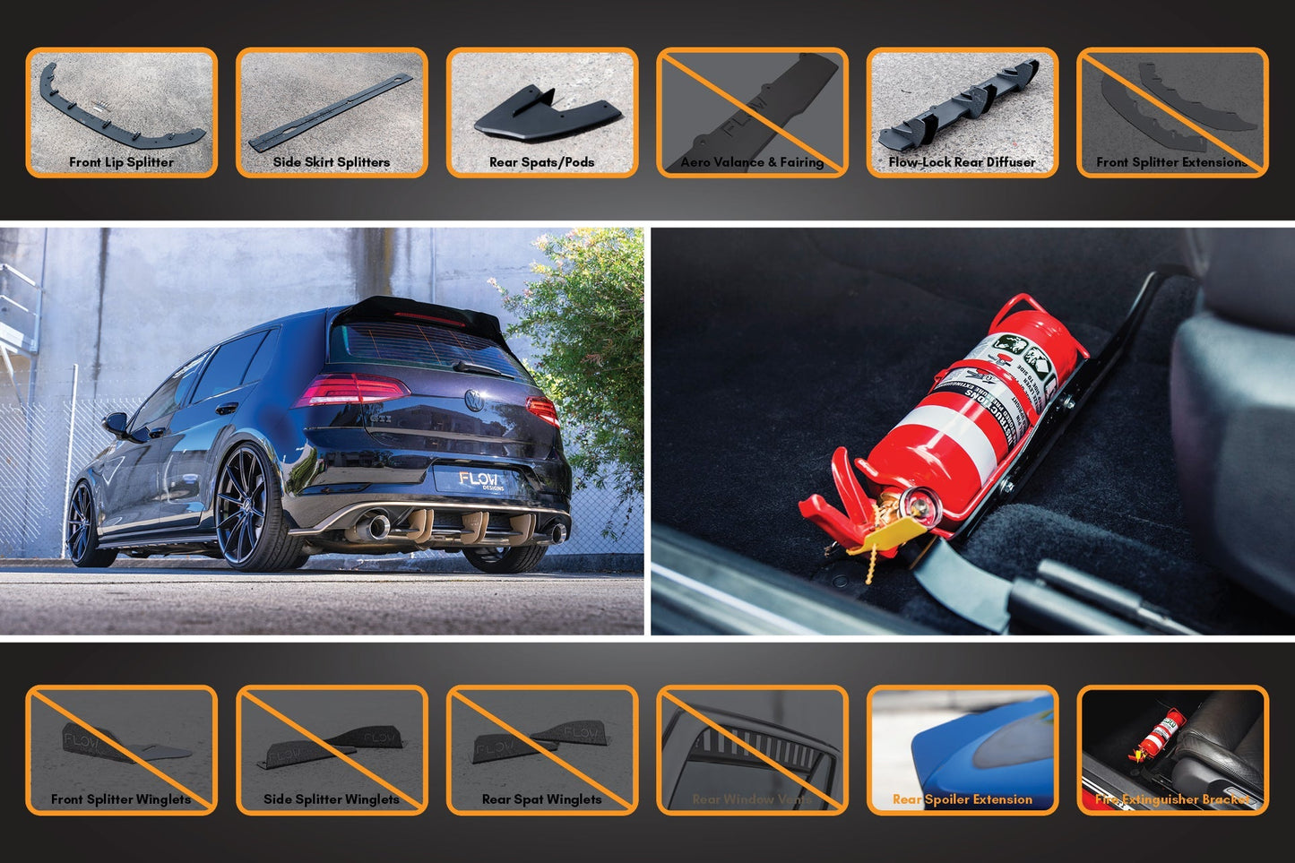 Flow Designs MK7.5 Golf R Full Lip Splitter Set with Flow-Lock Rear Diffuser
