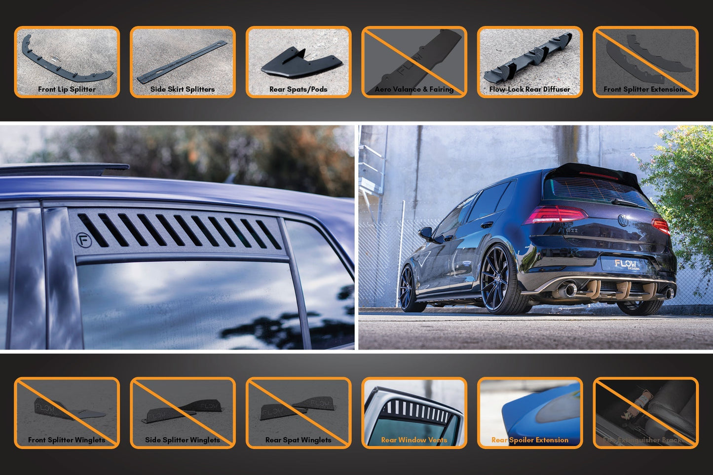 Flow Designs MK7.5 Golf R Full Lip Splitter Set with Flow-Lock Rear Diffuser