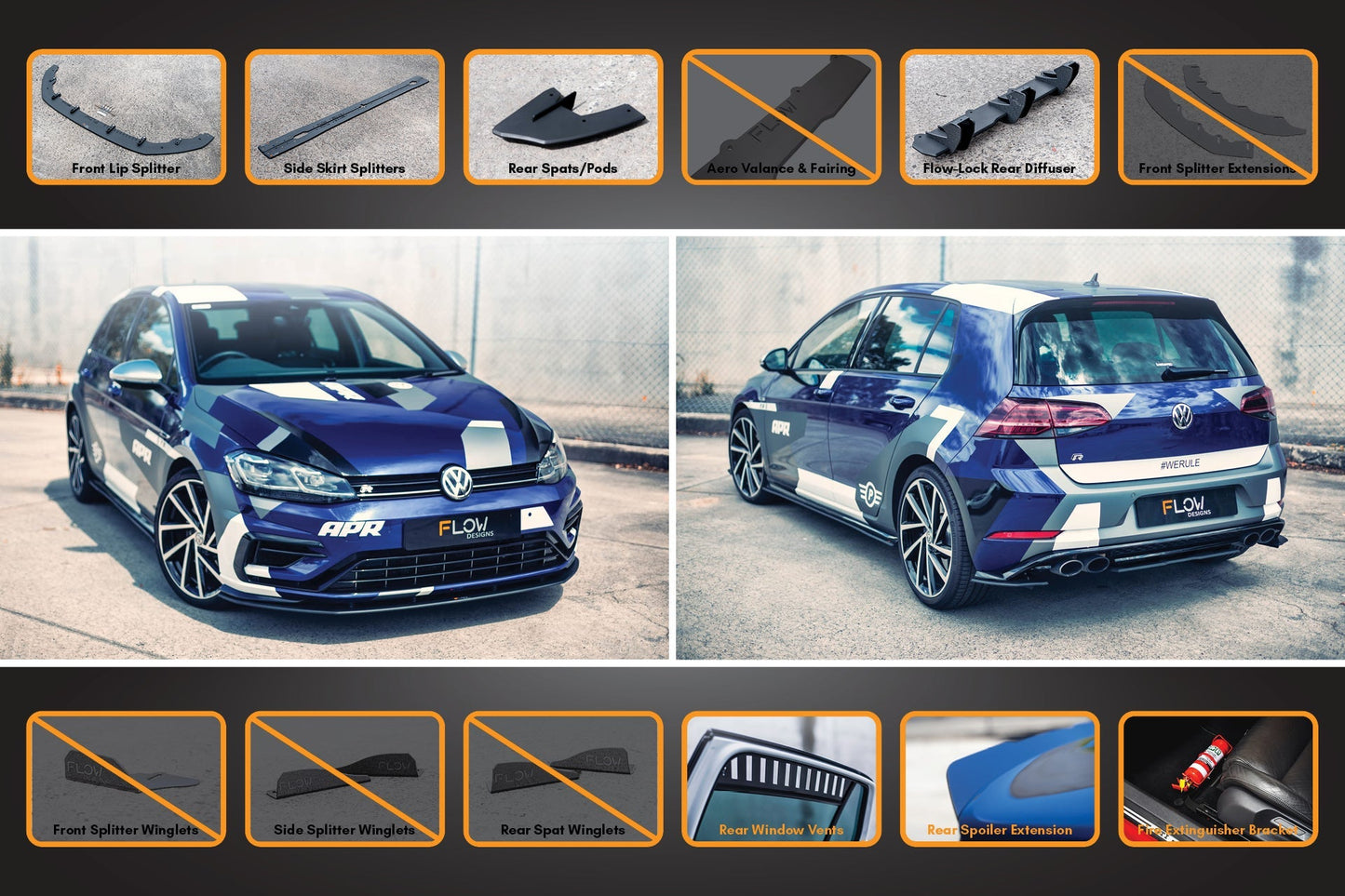 Flow Designs MK7.5 Golf R Full Lip Splitter Set with Flow-Lock Rear Diffuser
