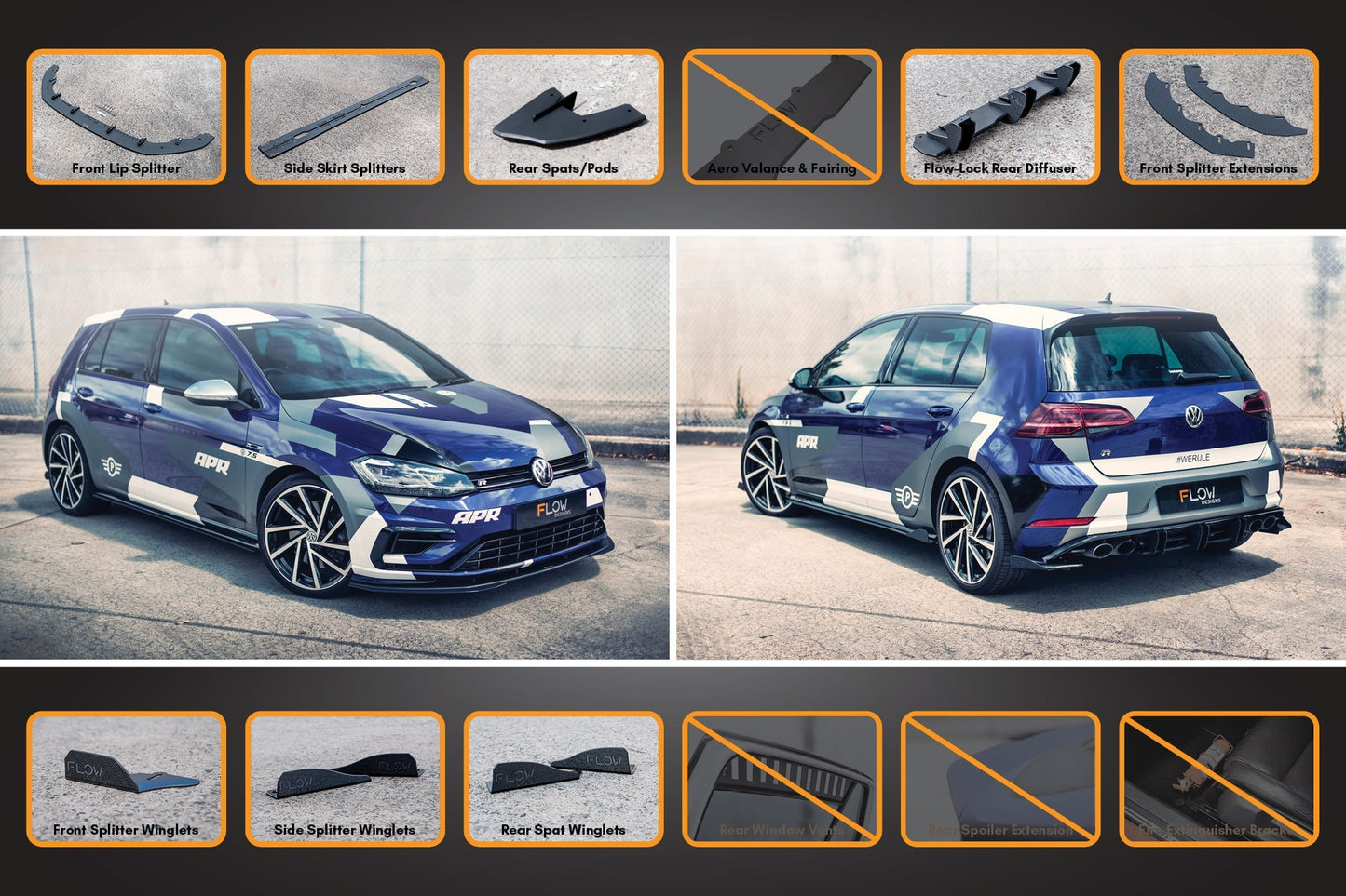 Flow Designs MK7.5 Golf R Full Lip Splitter Set with Flow-Lock Rear Diffuser
