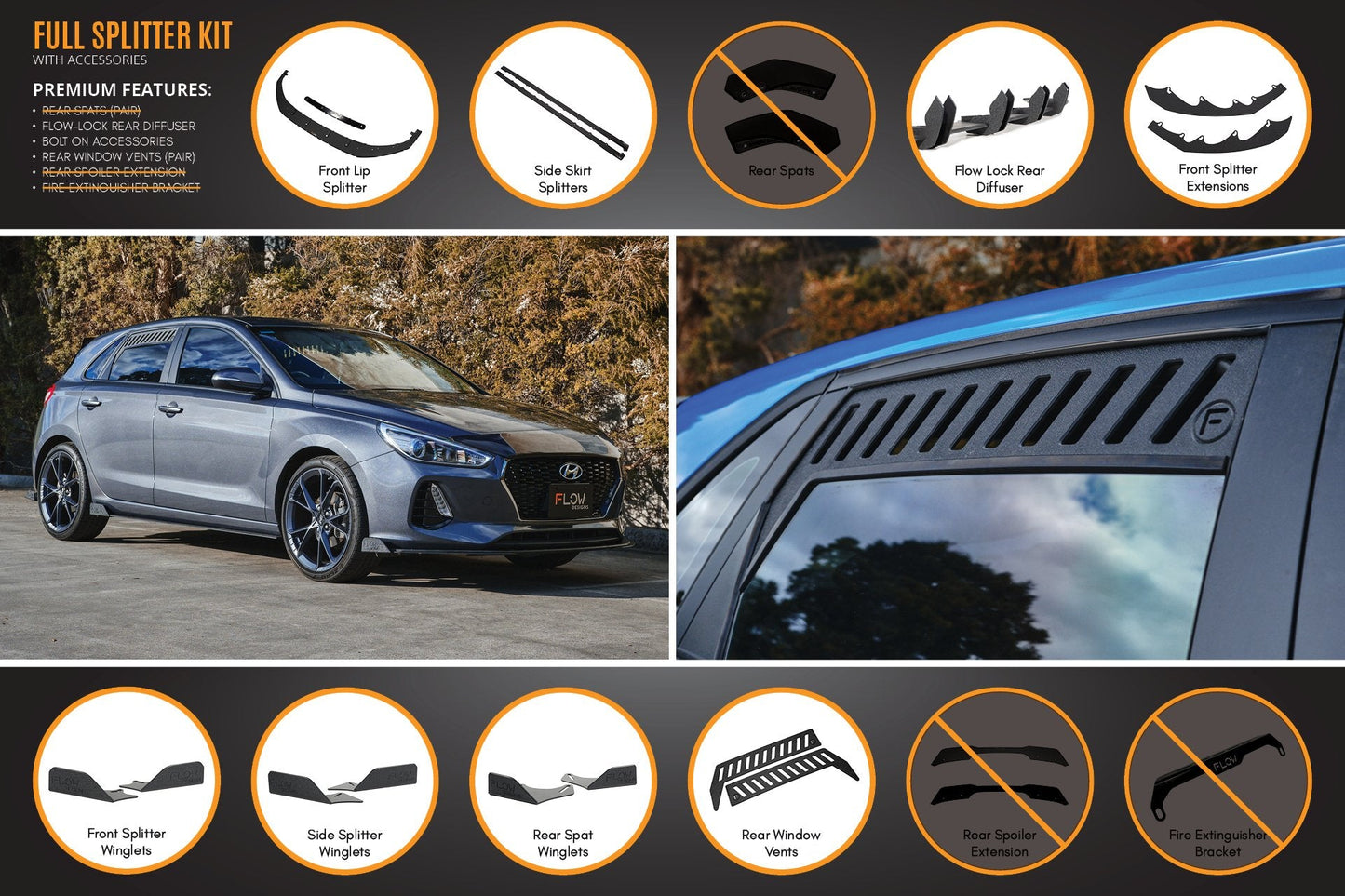 Flow Designs i30 Hatch PD1, PD2 2018-2020 Full Lip Splitter Set with Flow-Lock Rear Diffuser