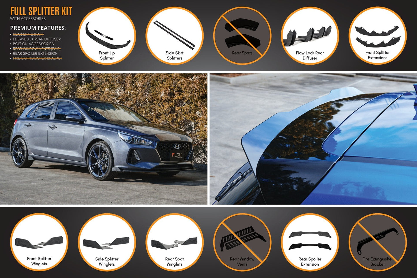 Flow Designs i30 Hatch PD1, PD2 2018-2020 Full Lip Splitter Set with Flow-Lock Rear Diffuser
