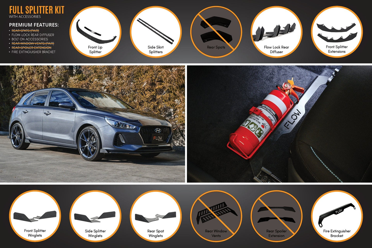 Flow Designs i30 Hatch PD1, PD2 2018-2020 Full Lip Splitter Set with Flow-Lock Rear Diffuser