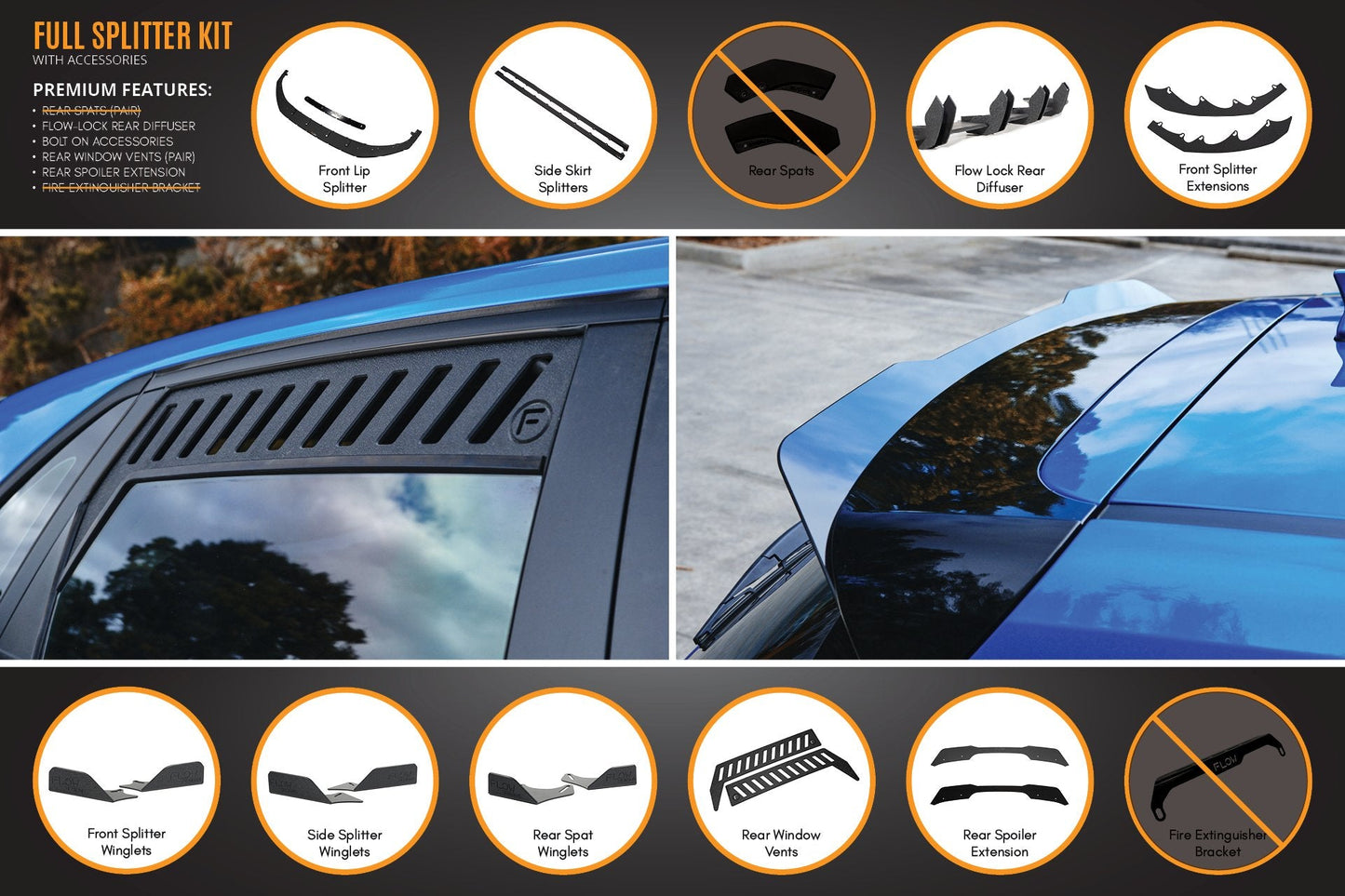 Flow Designs i30 Hatch PD1, PD2 2018-2020 Full Lip Splitter Set with Flow-Lock Rear Diffuser