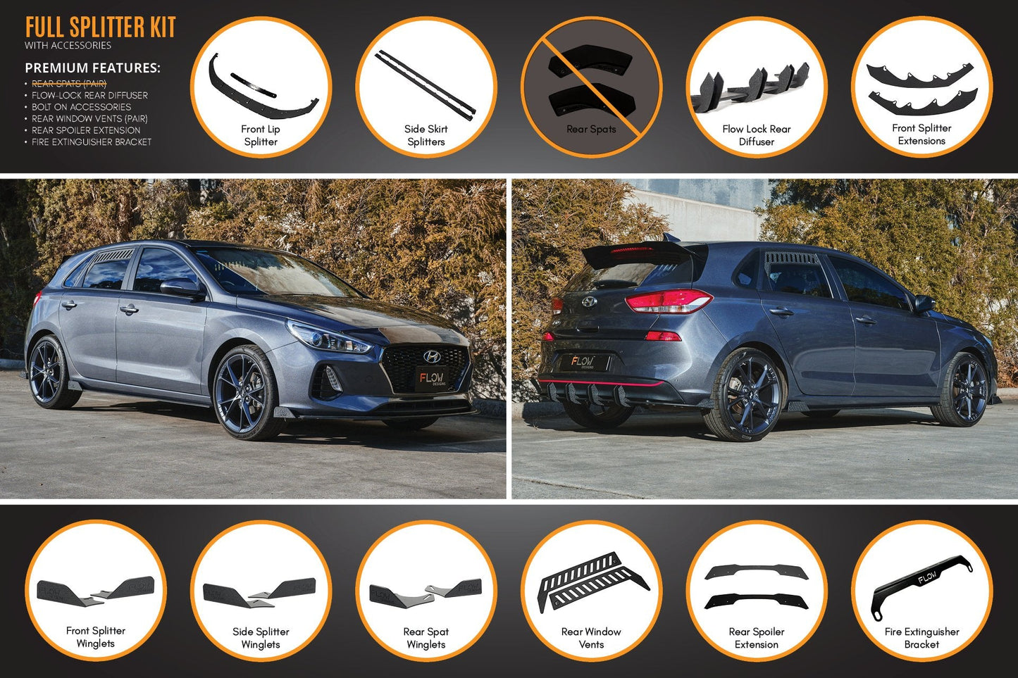 Flow Designs i30 Hatch PD1, PD2 2018-2020 Full Lip Splitter Set with Flow-Lock Rear Diffuser