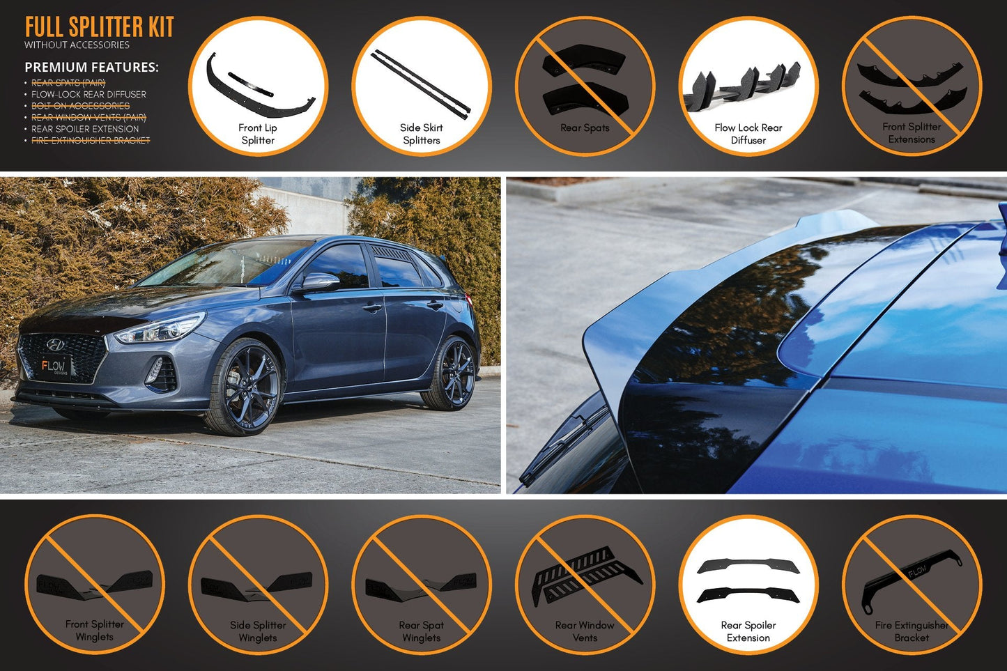 Flow Designs i30 Hatch PD1, PD2 2018-2020 Full Lip Splitter Set with Flow-Lock Rear Diffuser