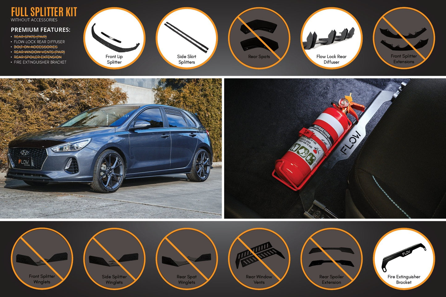 Flow Designs i30 Hatch PD1, PD2 2018-2020 Full Lip Splitter Set with Flow-Lock Rear Diffuser