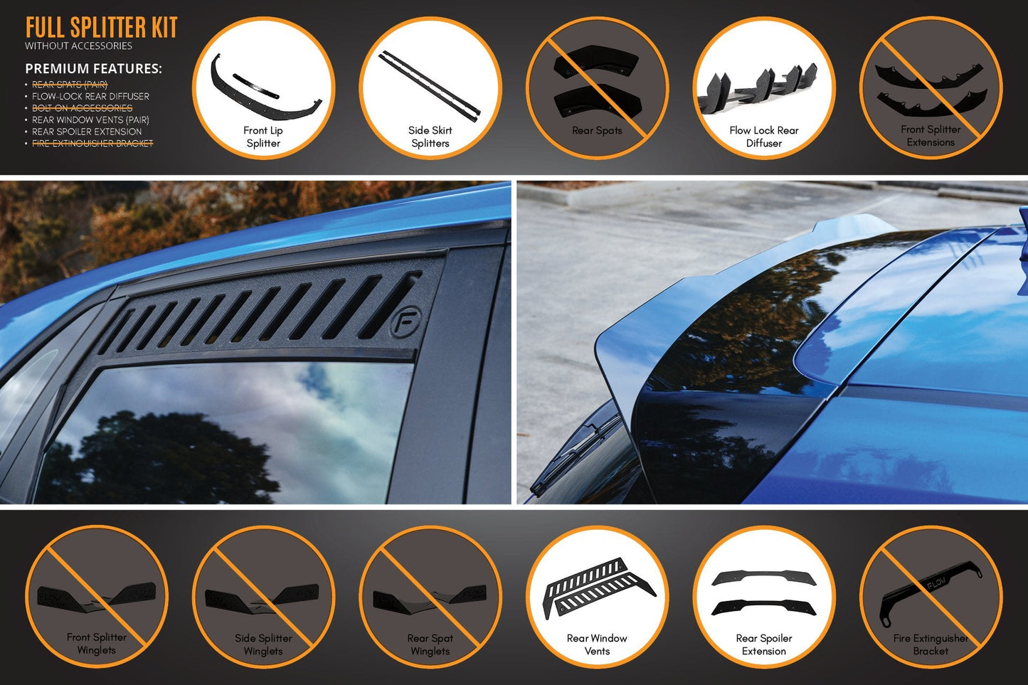Flow Designs i30 Hatch PD1, PD2 2018-2020 Full Lip Splitter Set with Flow-Lock Rear Diffuser