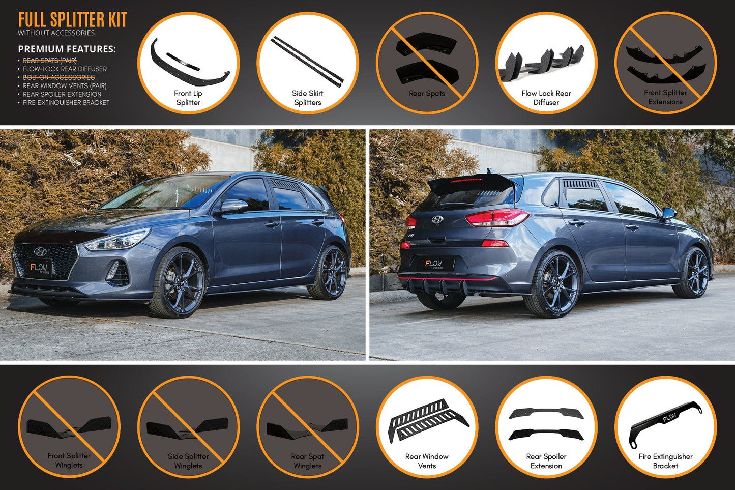 Flow Designs i30 Hatch PD1, PD2 2018-2020 Full Lip Splitter Set with Flow-Lock Rear Diffuser
