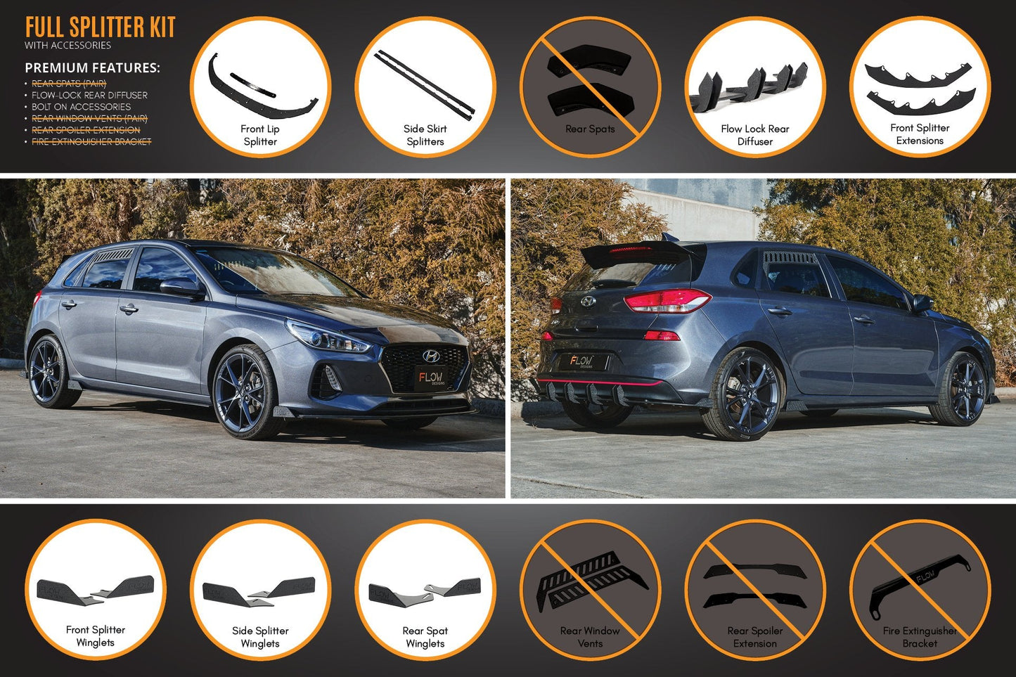 Flow Designs i30 Hatch PD1, PD2 2018-2020 Full Lip Splitter Set with Flow-Lock Rear Diffuser
