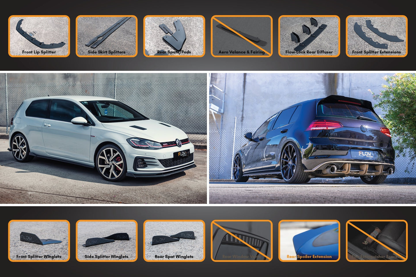 Flow Designs MK7.5 Golf GTI Full Lip Splitter Set with Flow-Lock Rear Diffuser