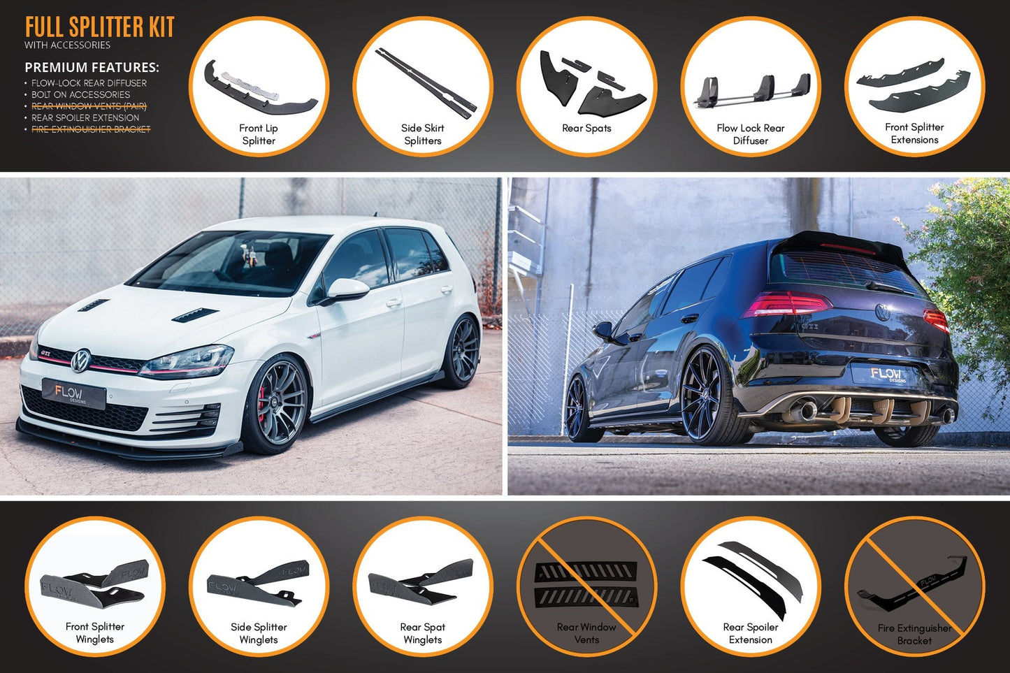 Flow Designs MK7 Golf GTI Full Lip Splitter Set with Flow-Lock Rear Diffuser