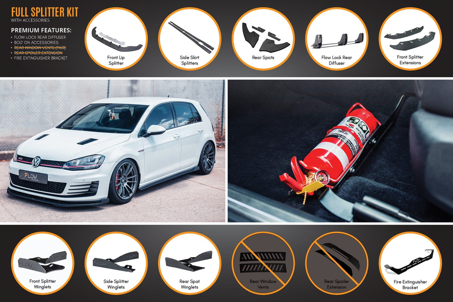 Flow Designs MK7 Golf GTI Full Lip Splitter Set with Flow-Lock Rear Diffuser