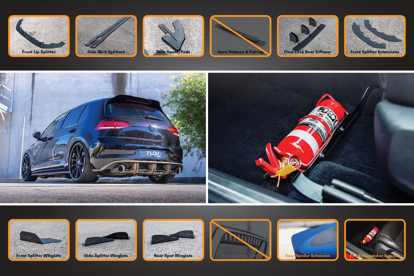 Flow Designs MK7.5 Golf GTI Full Lip Splitter Set with Flow-Lock Rear Diffuser
