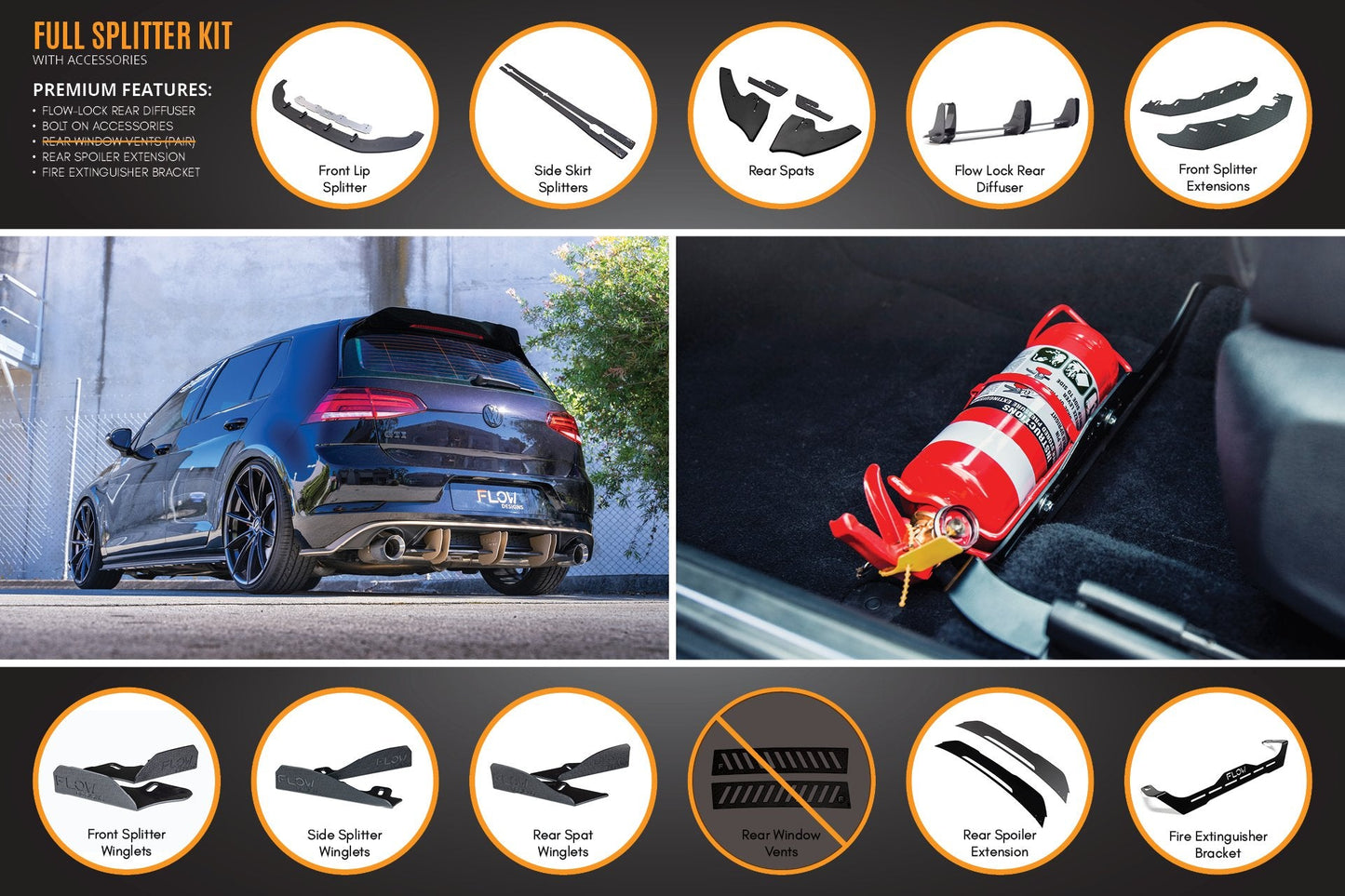 Flow Designs MK7 Golf GTI Full Lip Splitter Set with Flow-Lock Rear Diffuser