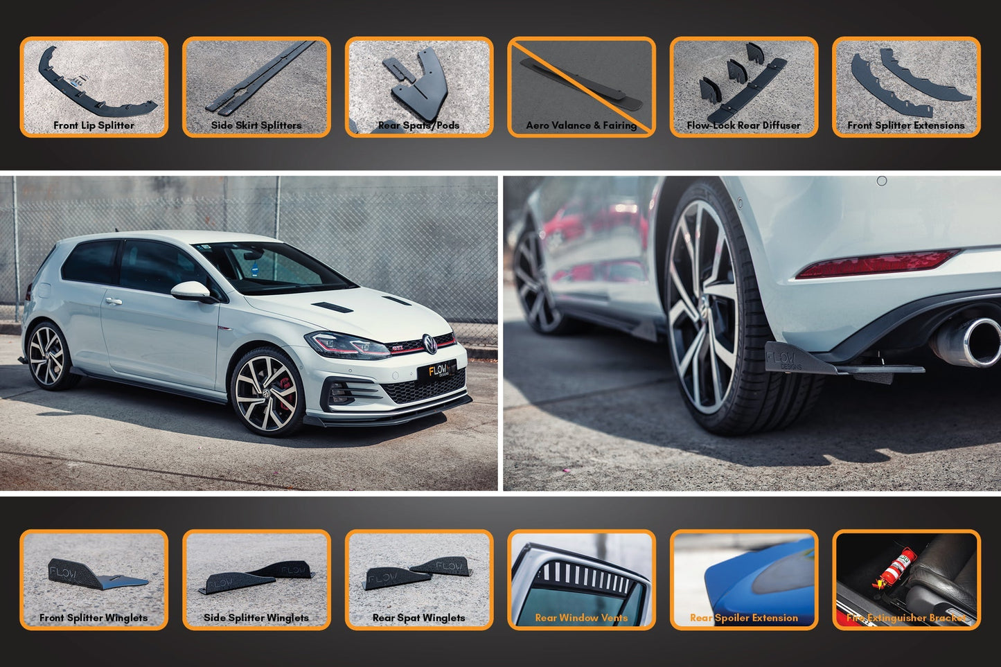 Flow Designs MK7.5 Golf GTI Full Lip Splitter Set with Flow-Lock Rear Diffuser