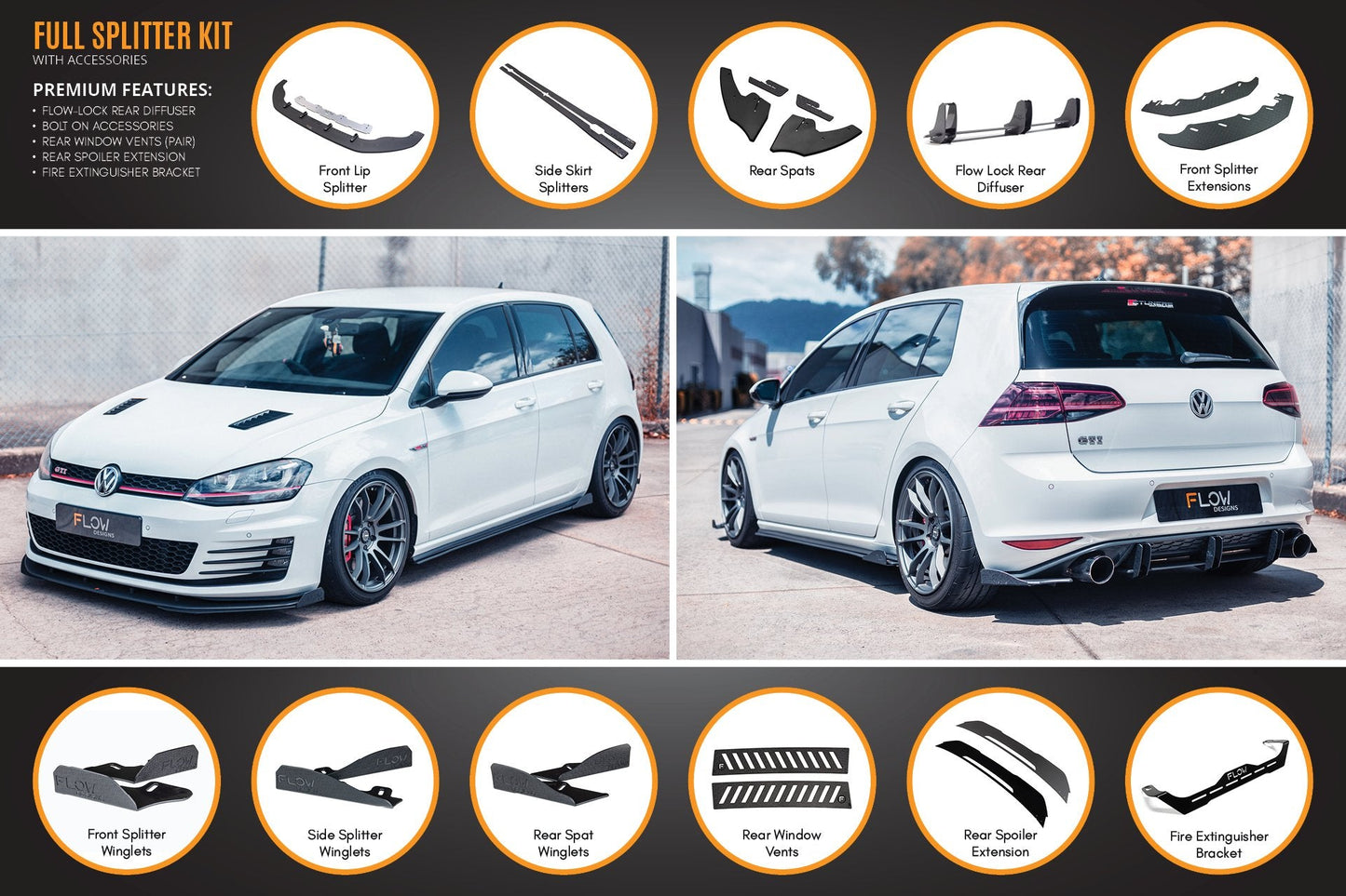 Flow Designs MK7 Golf GTI Full Lip Splitter Set with Flow-Lock Rear Diffuser