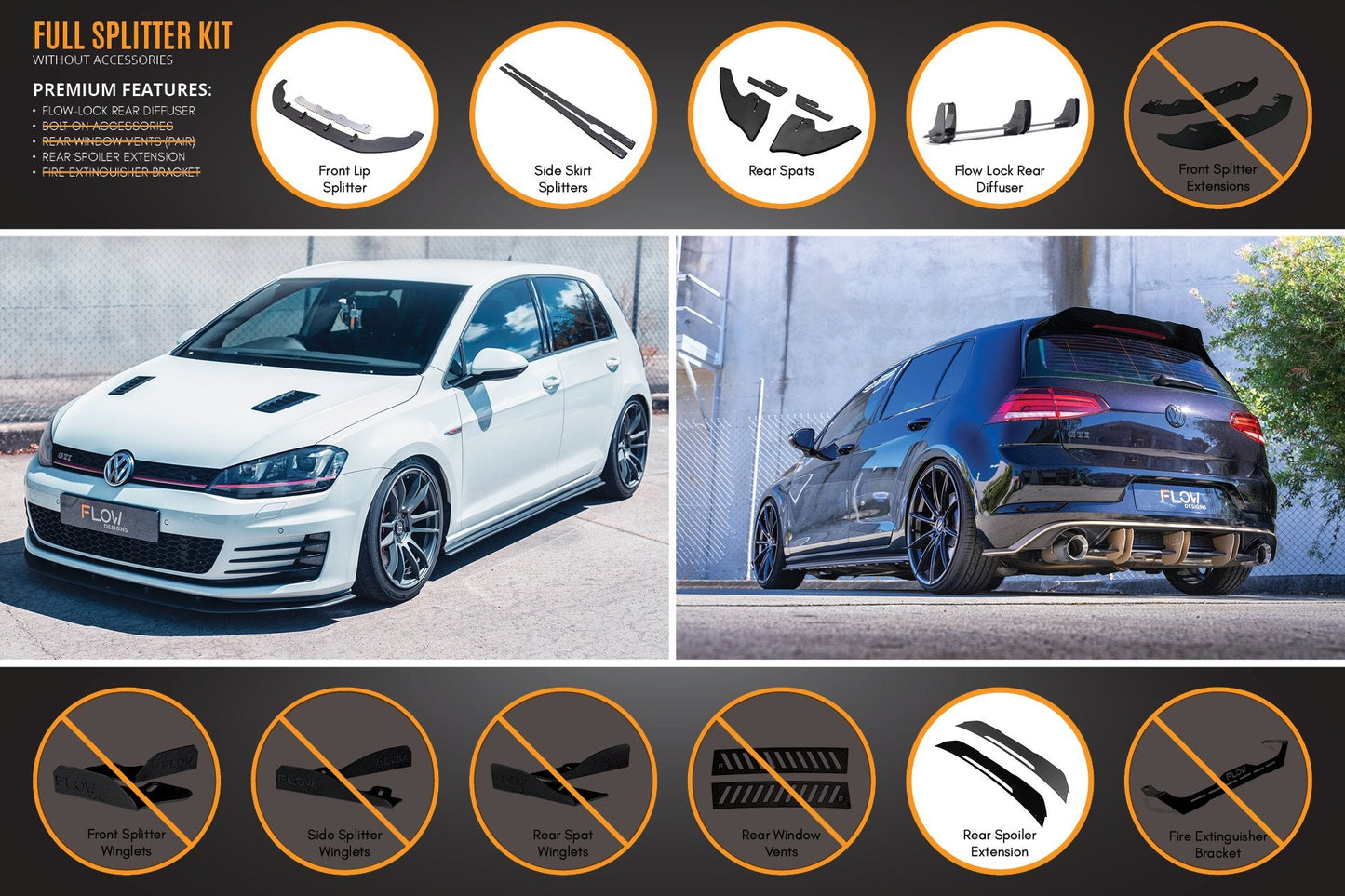 Flow Designs MK7 Golf GTI Full Lip Splitter Set with Flow-Lock Rear Diffuser