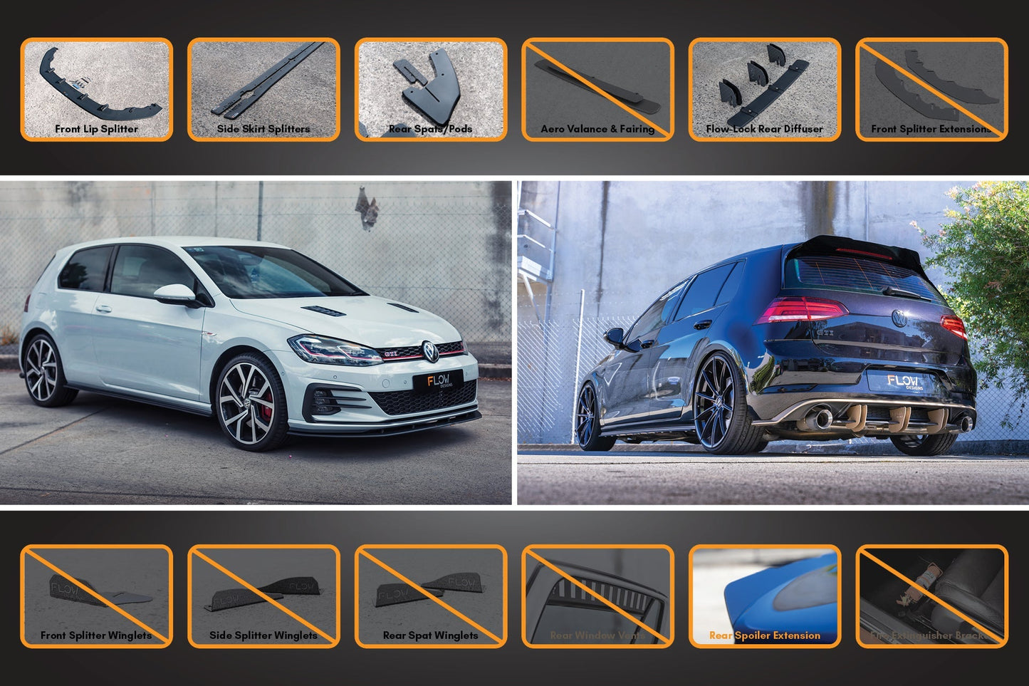 Flow Designs MK7.5 Golf GTI Full Lip Splitter Set with Flow-Lock Rear Diffuser