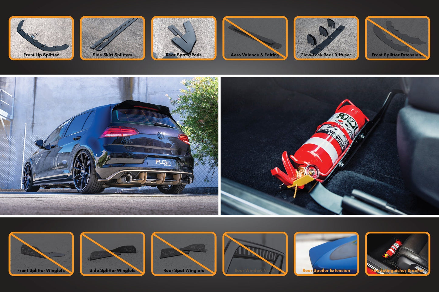 Flow Designs MK7.5 Golf GTI Full Lip Splitter Set with Flow-Lock Rear Diffuser