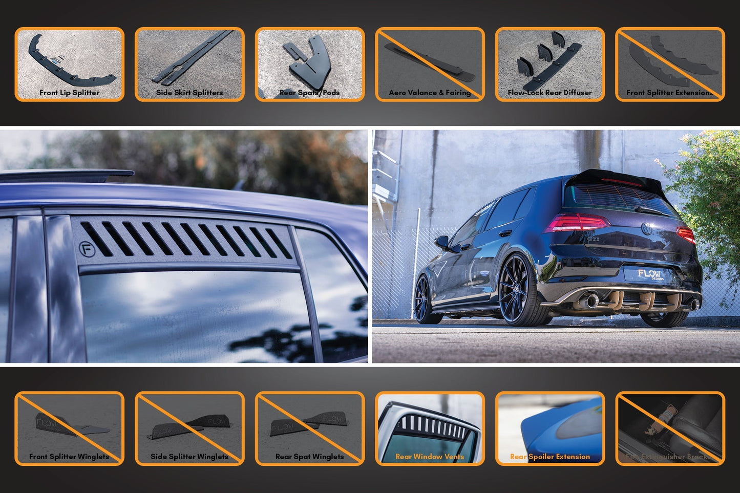 Flow Designs MK7.5 Golf GTI Full Lip Splitter Set with Flow-Lock Rear Diffuser