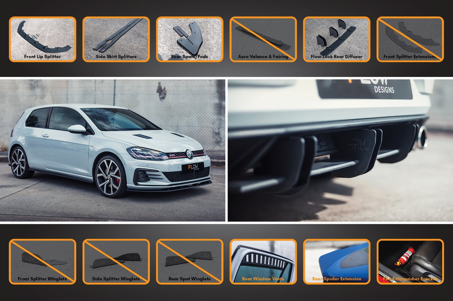 Flow Designs MK7.5 Golf GTI Full Lip Splitter Set with Flow-Lock Rear Diffuser