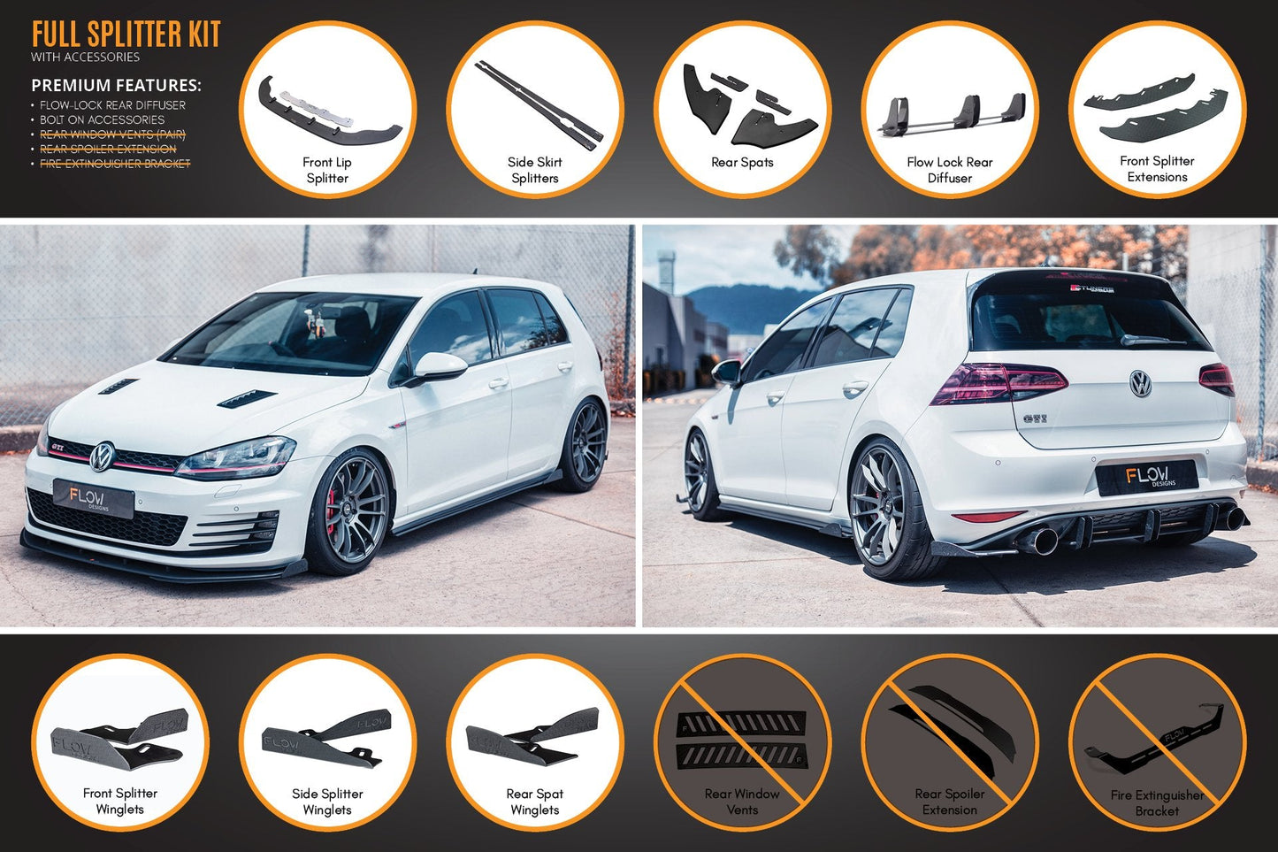 Flow Designs MK7 Golf GTI Full Lip Splitter Set with Flow-Lock Rear Diffuser