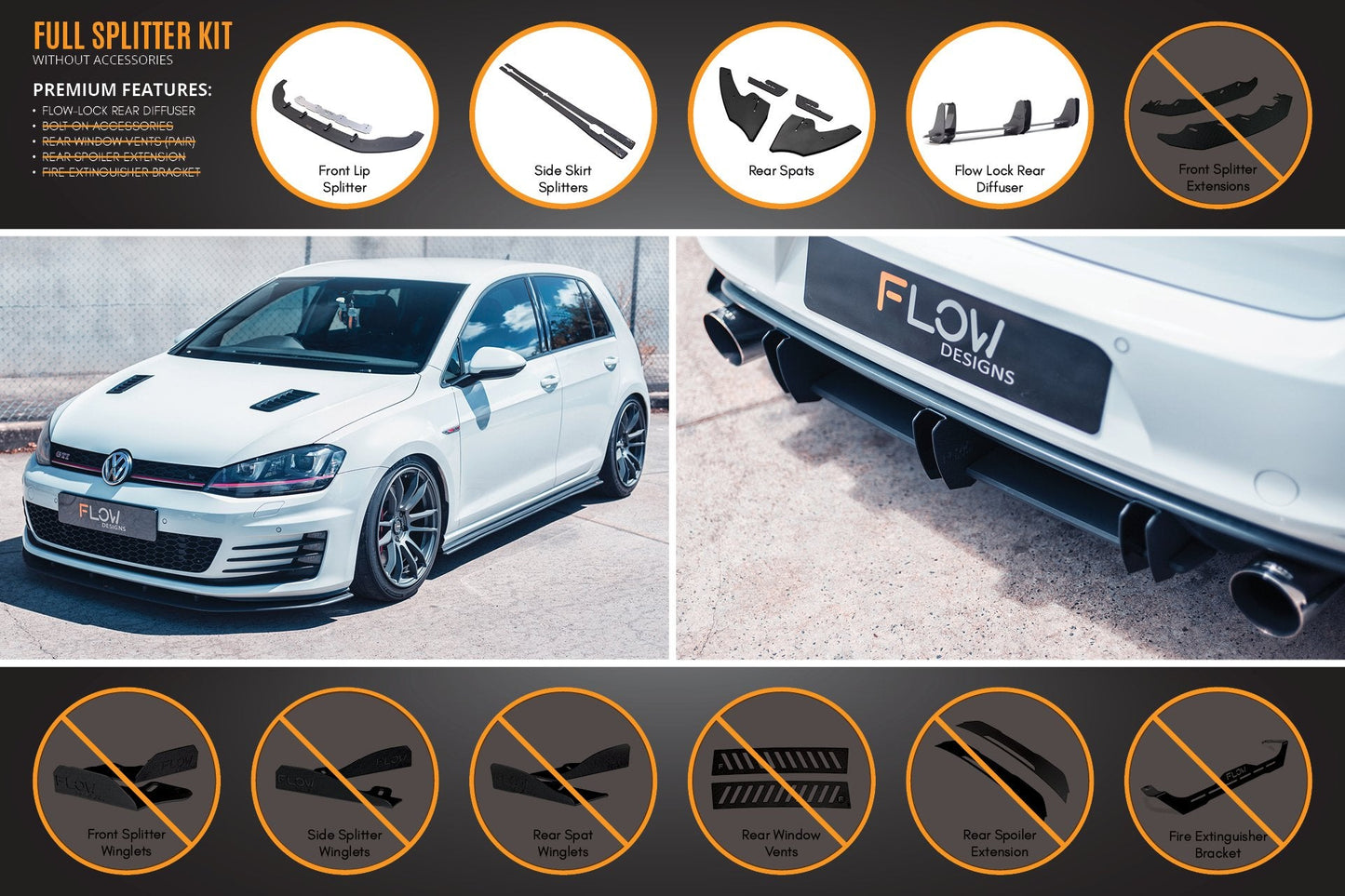 Flow Designs MK7 Golf GTI Full Lip Splitter Set with Flow-Lock Rear Diffuser