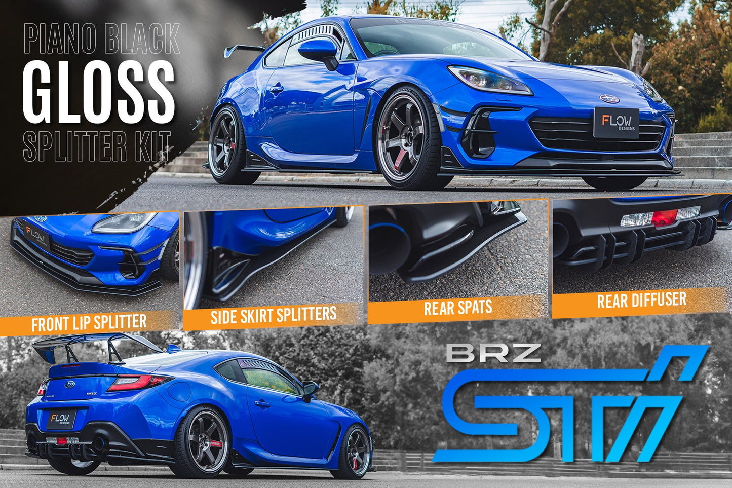 Flow Designs ZD8 BRZ STI Full Lip Splitter Set (GLOSS BLACK)