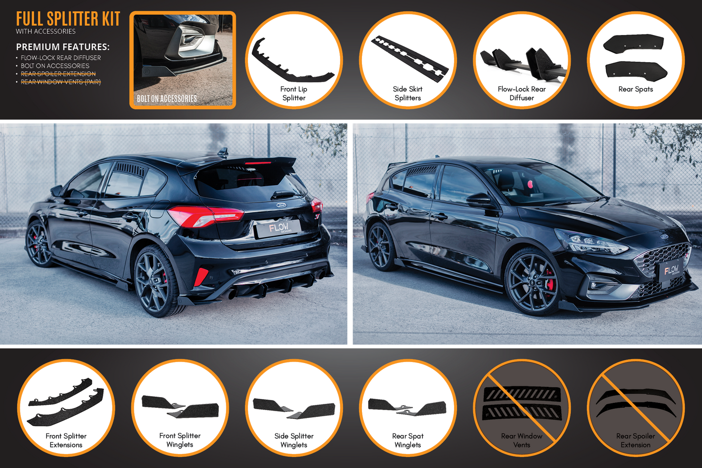 Flow Designs MK4 & MK4.5 Focus ST Full Lip Splitter Set