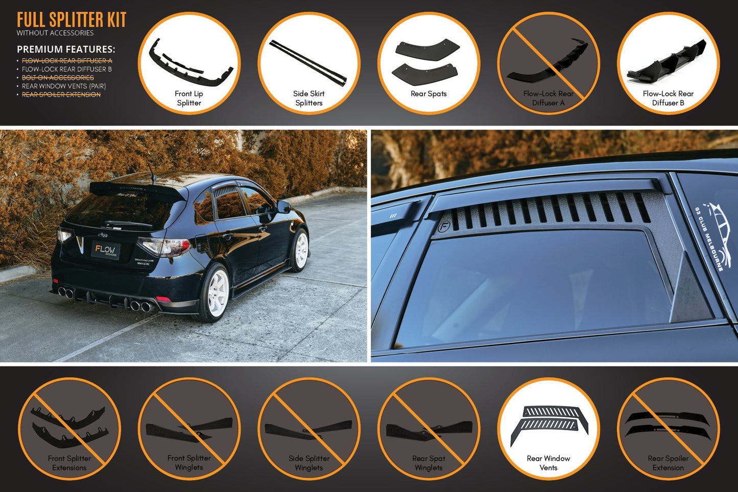 Flow Designs Impreza WRX/RS G3 Hatch PFL Full Lip Splitter Set