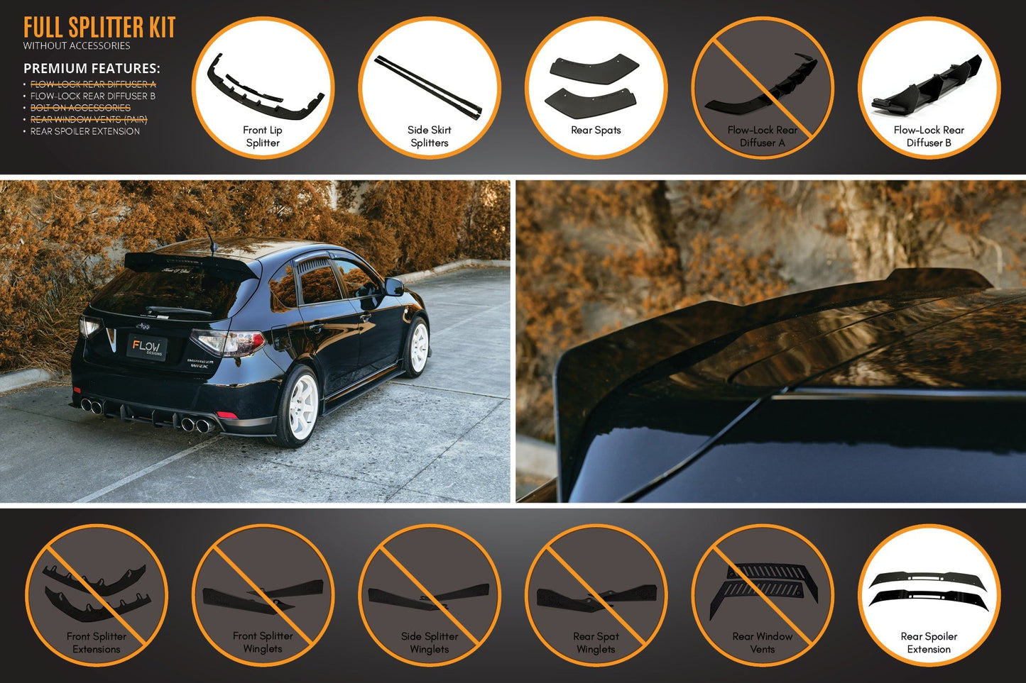 Flow Designs Impreza WRX/RS G3 Hatch PFL Full Lip Splitter Set