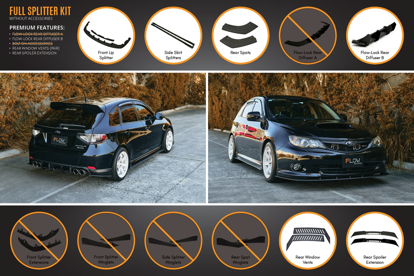 Flow Designs Impreza WRX/RS G3 Hatch PFL Full Lip Splitter Set
