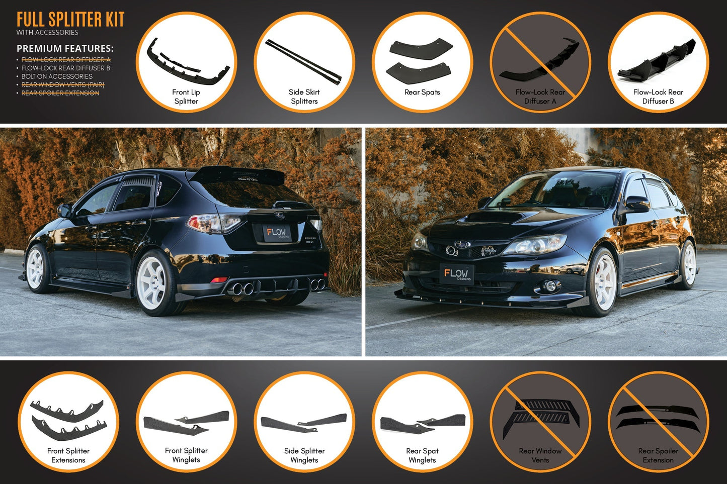 Flow Designs Impreza WRX/RS G3 Hatch PFL Full Lip Splitter Set