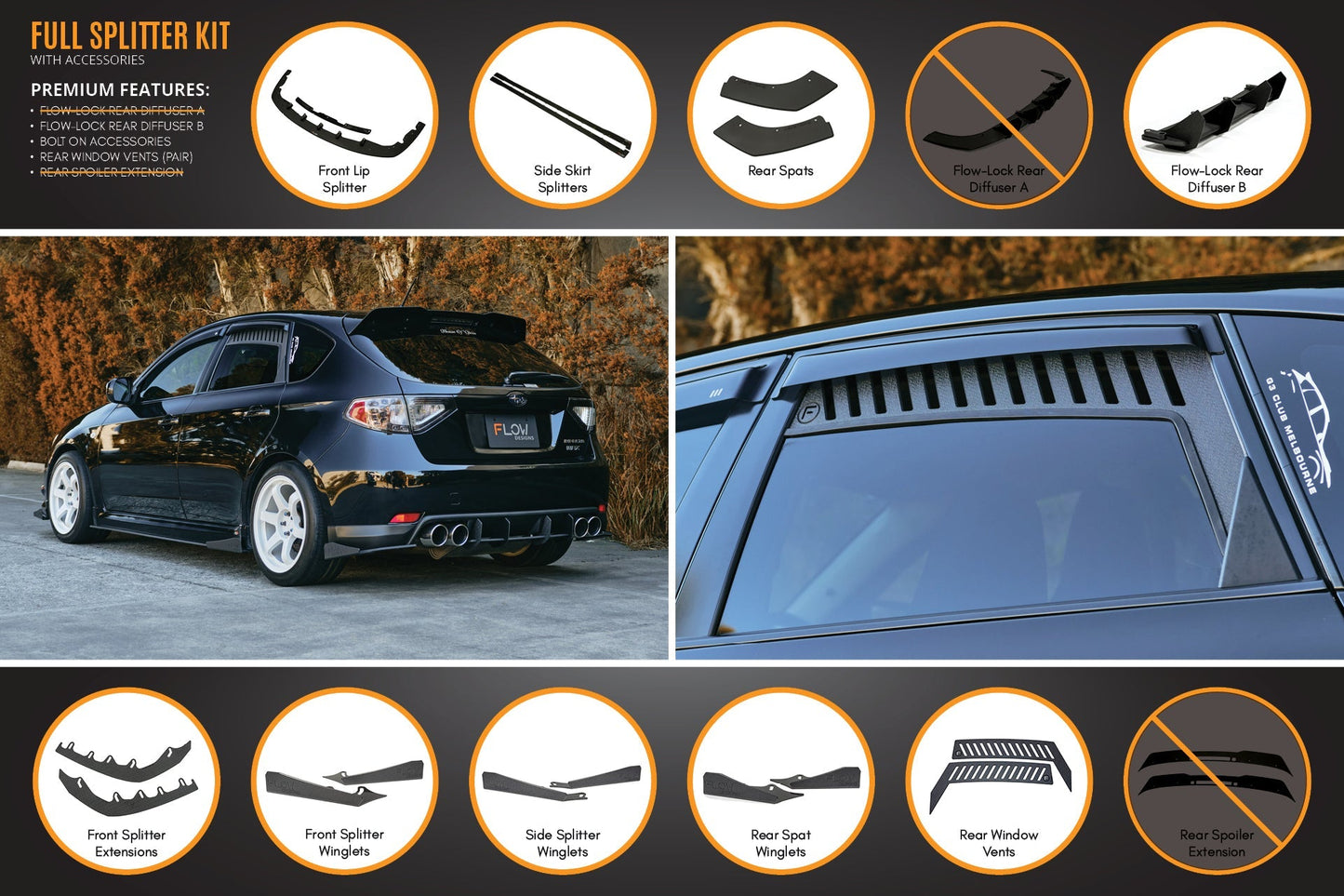 Flow Designs Impreza WRX/RS G3 Hatch PFL Full Lip Splitter Set