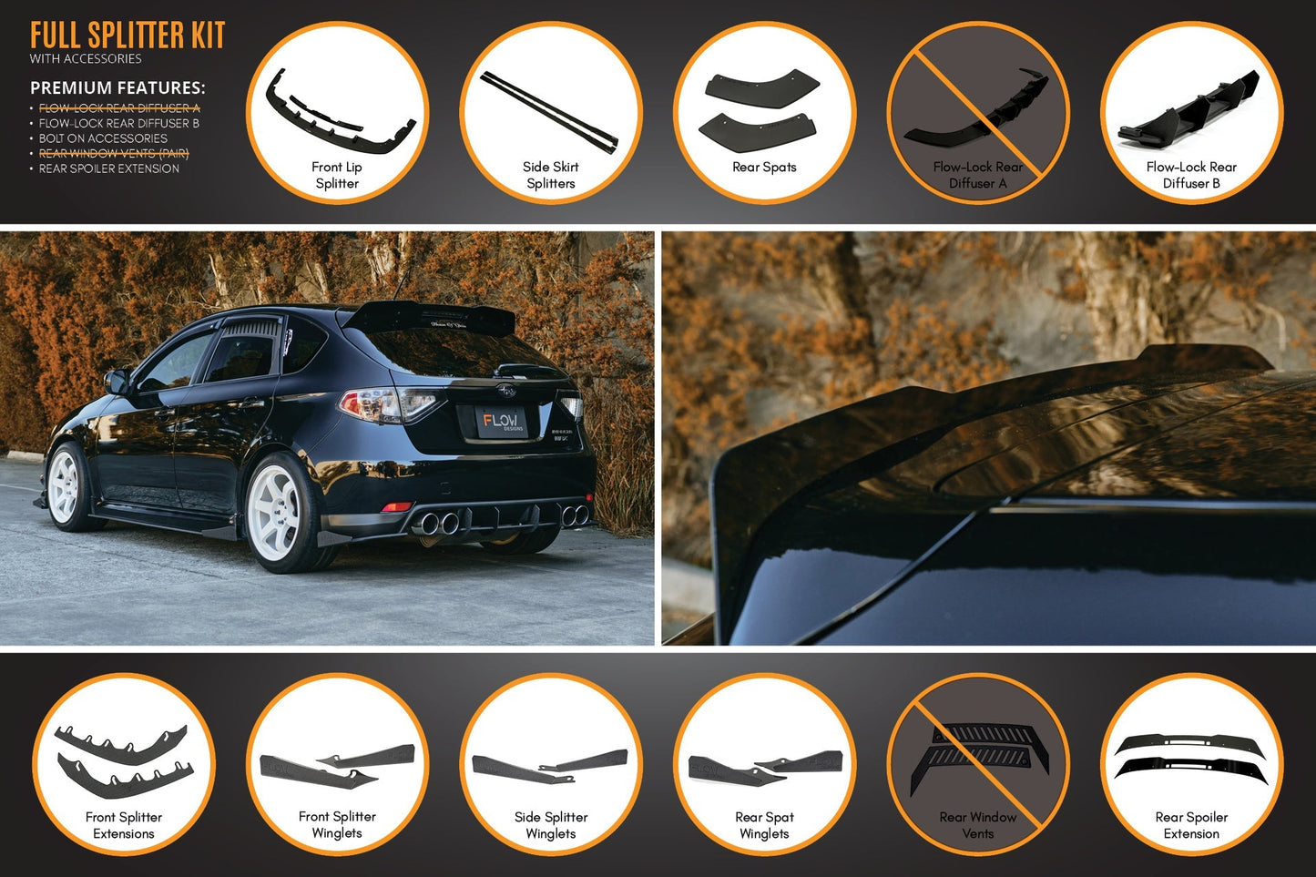 Flow Designs Impreza WRX/RS G3 Hatch PFL Full Lip Splitter Set
