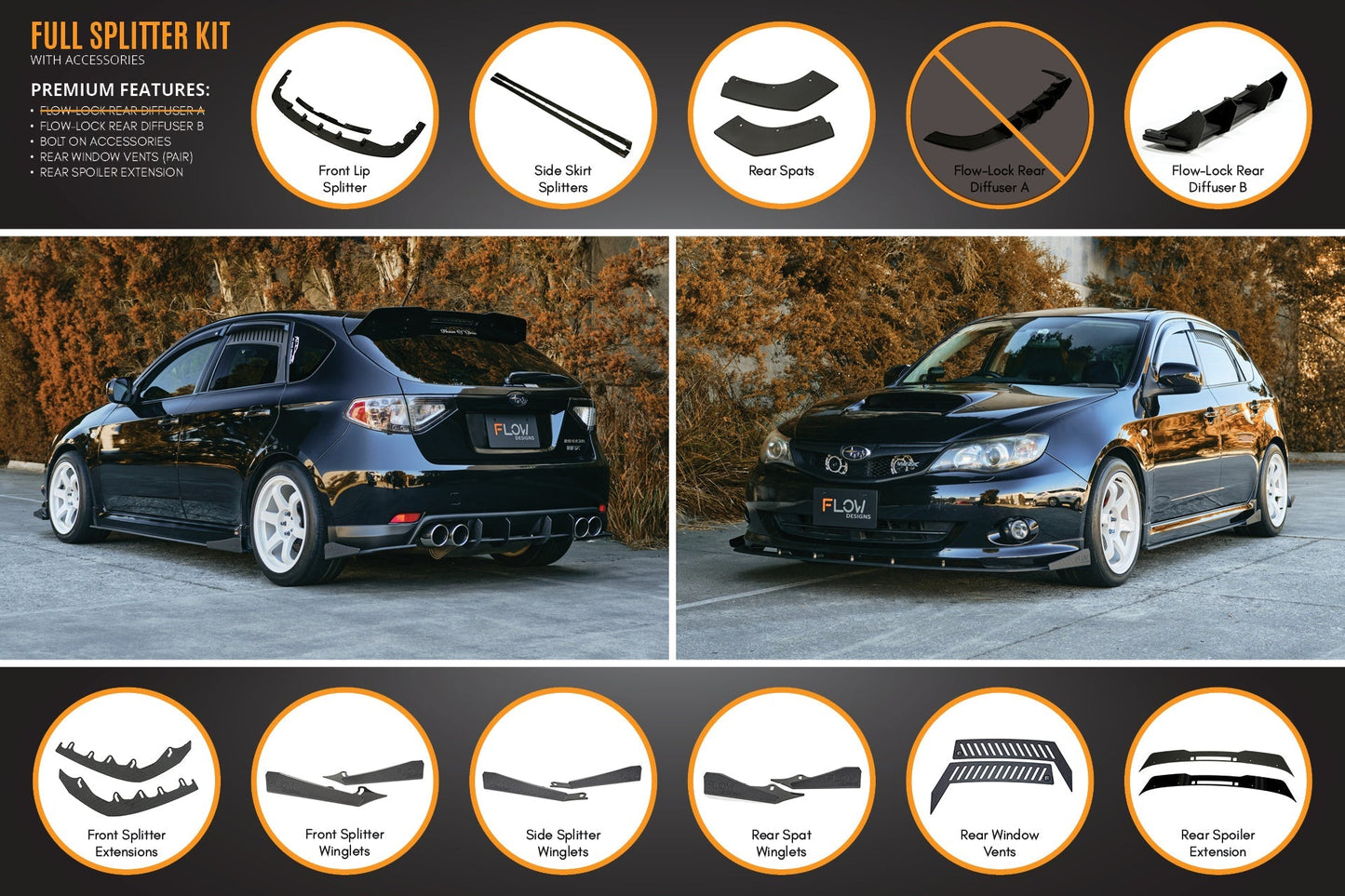 Flow Designs Impreza WRX/RS G3 Hatch PFL Full Lip Splitter Set